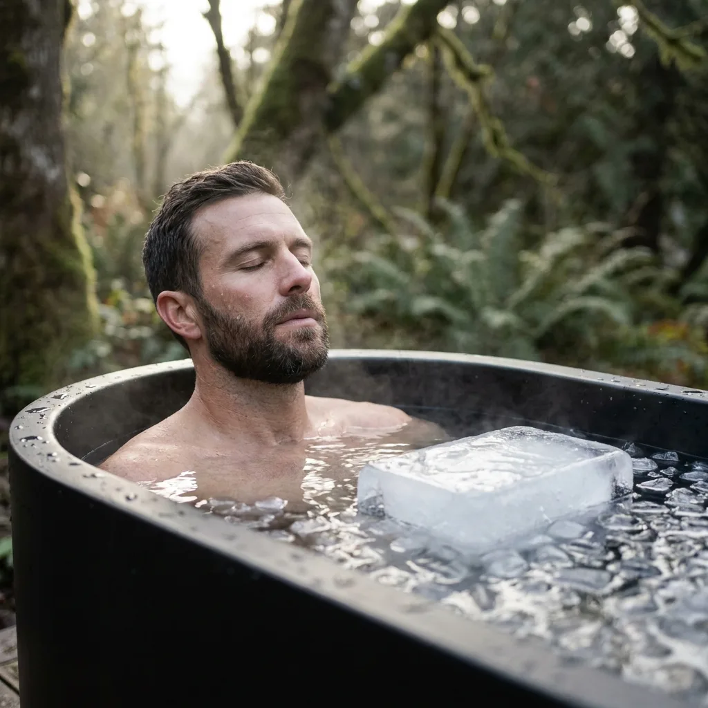 Man in a cold plunge tub with a HYICE ice block floating — ice bath recovery