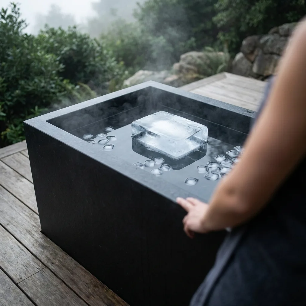 A HYICE ice block floating in a misty cold plunge tub with a forest behind