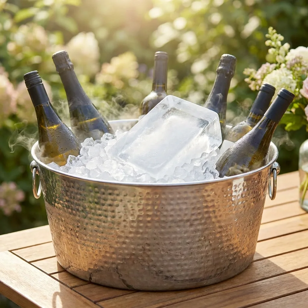 A large HYICE ice block chilling wine bottles in a party tub at a sunny outdoor gathering