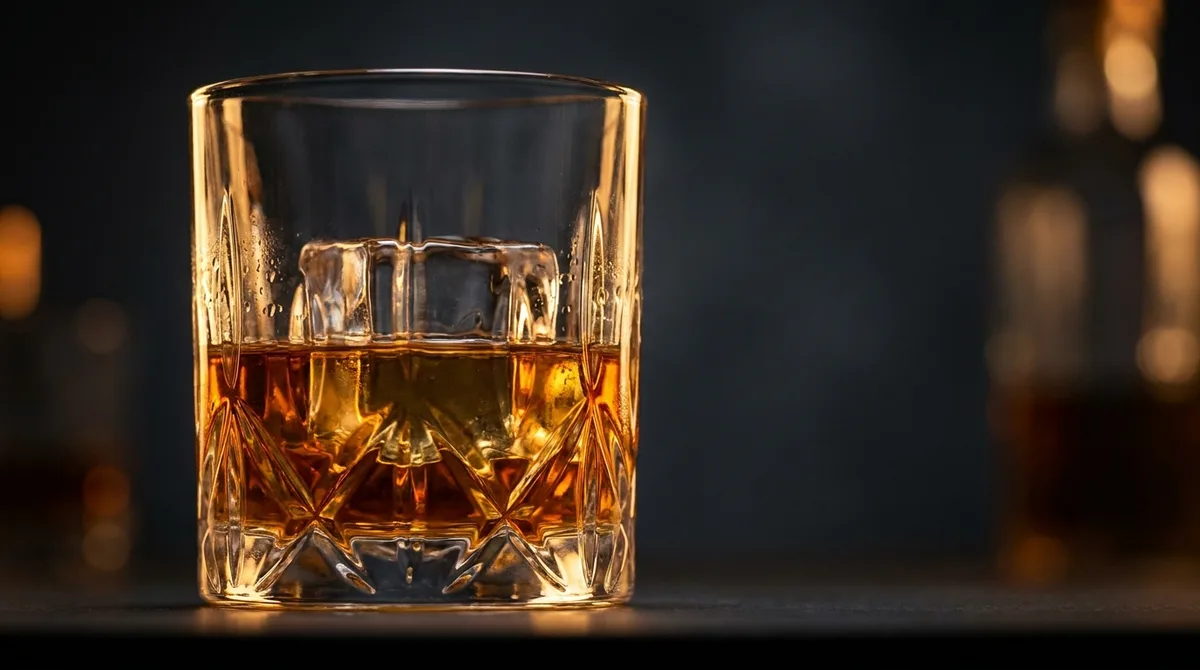 Whiskey glass with a clear square ice cube on a dark bar — HYICE stainless steel ice tray