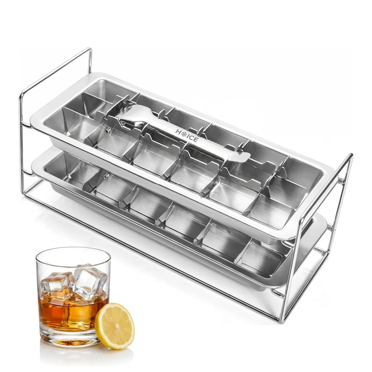 HYICE Stainless Steel Ice Cube Trays, Set of 2 with rack and a whiskey glass